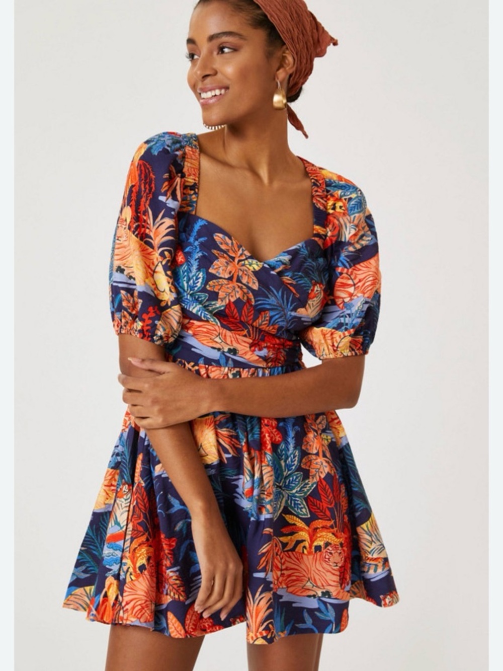 Anthropologie In the Tropics Puff-Sleeve Tiger Pattern Mini Dress